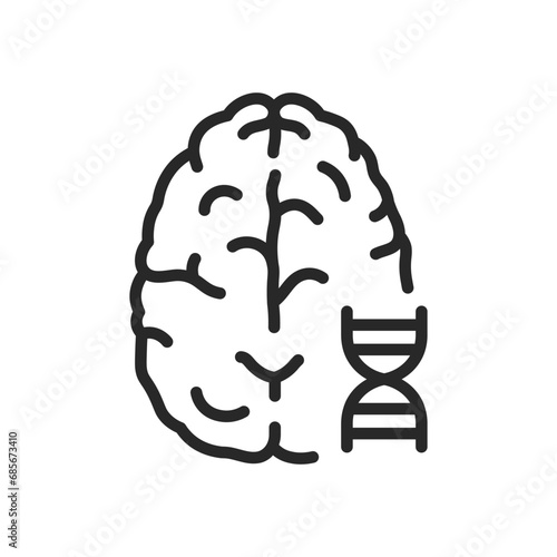 Human Brain DNA Icon. Thin Linear Illustration Combining Cognitive Science and Genetic Structure for Medical and Research Use. Isolated Outline Vector Sign.