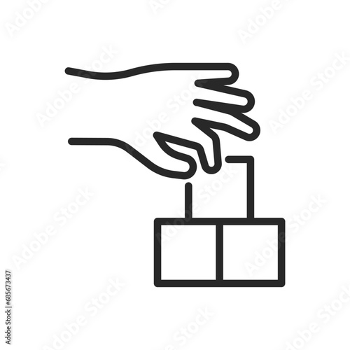 Motor Skills Development Icon. Thin Line Illustration of Hand Assembling Blocks, Symbolizing Coordination, Learning and Restoration of Motor Functions. Isolated Outline Vector Sign.
