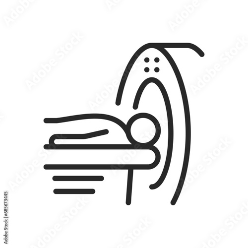 MRI and CT Scan Process Icon. Thin Line Illustration Depicting Patient Undergoing Brain Imaging in Medical Diagnostic Scanner Equipment. Isolated Outline Vector Sign.