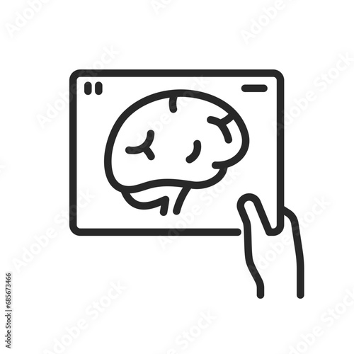 MRI and CT Scan Results Icon. Thin Linear Illustration of Hand Holding Brain Scan Image or Scanner Film for Medical Diagnostics and Patient Care. Isolated Outline Vector Sign.