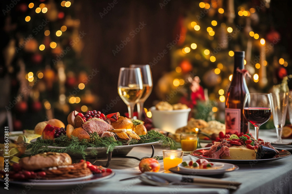 Christmas Dinner table full of dishes with food and snack Christmas Dinner table full of dishes with food and snack