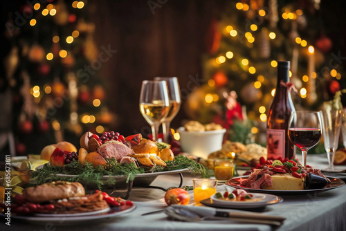 Christmas Dinner table full of dishes with food and snack