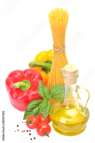 Spaghetti and vegetables oil olives isolated