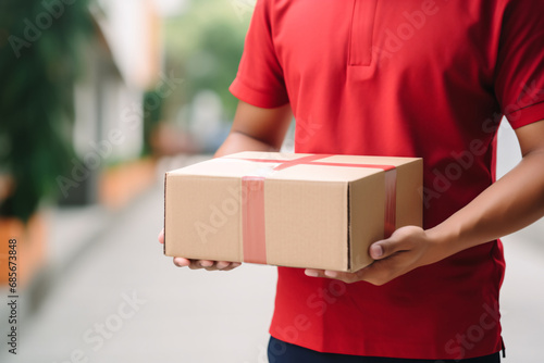 Delivery courier service. Delivery man in red uniform holding a cardboard box delivering to door of customer home. A man postal delivery man delivering package. Home delivery concept. © Artinun
