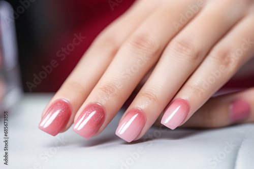 Glamour woman hand with light pink nail polish on her fingernails. Pink nail manicure with gel polish at a luxury beauty salon. Nail art and design. Female hand model. French manicure.
