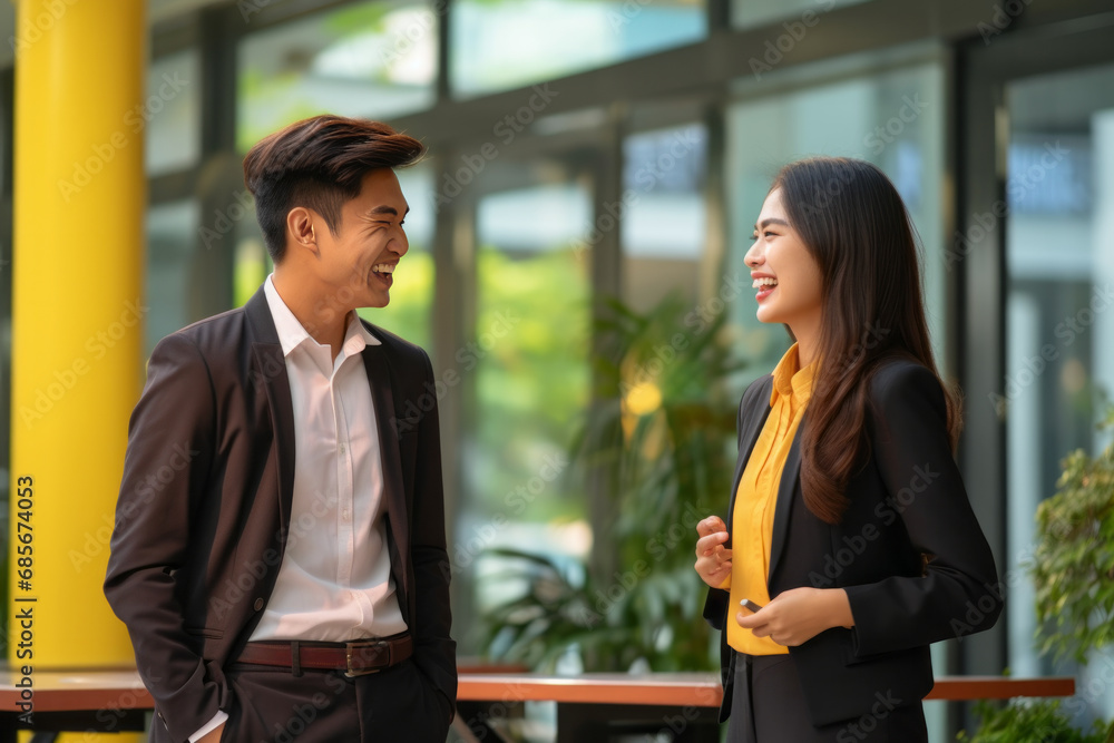 asian business man and woman talk and smile together in the office