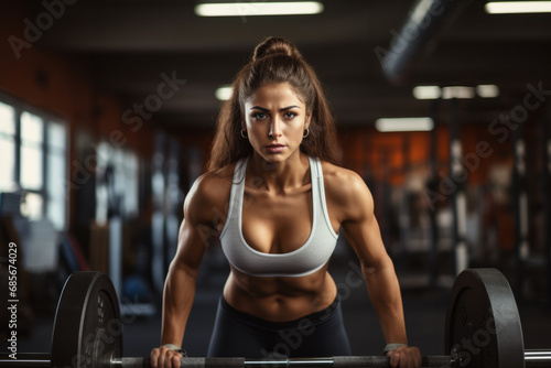 Beautiful sexy athletic young brunette Caucasian girl working out training arms in the gym gaining weight pumping up muscles and poses fitness and bodybuilding concept photo