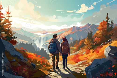 Young couple hiking on the mountains in autumn, illustration generative AI