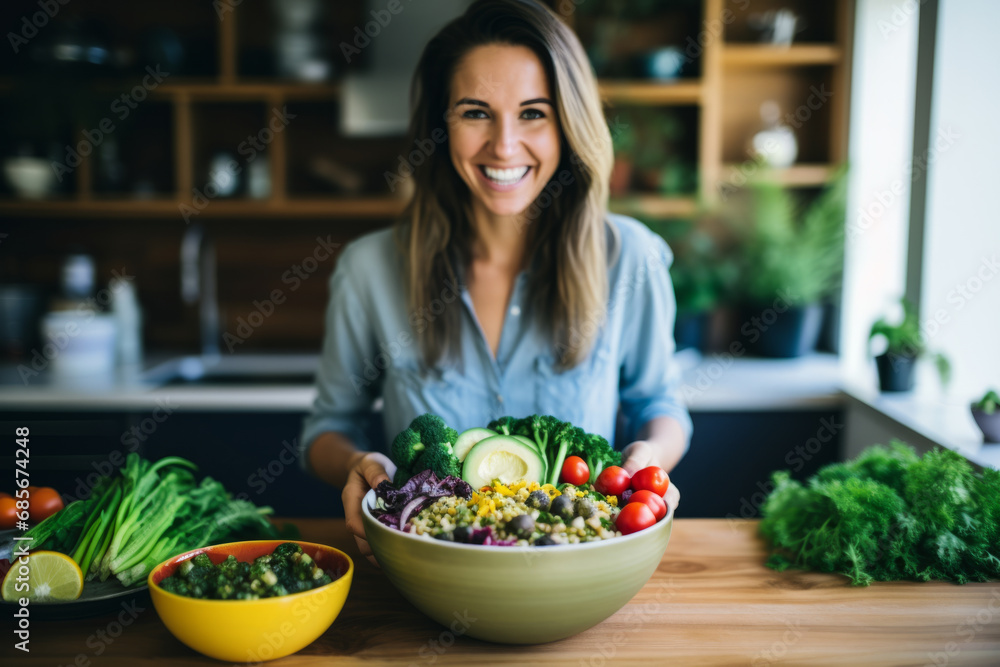 Smiling young woman preparing salad in the kitchen at home. Healthy food, vegetarian and dieting concept