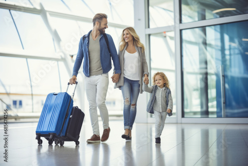 Happy family with suitcases at airport. Travel and vacation concept.