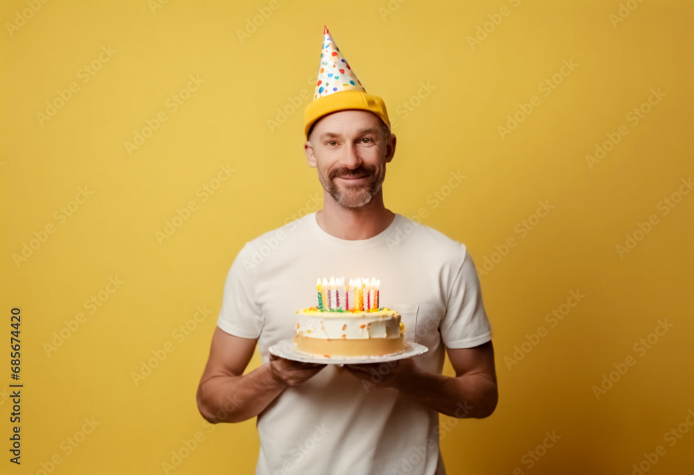 Compleanno Radiante- Uomo con Torta in Mano su Sfondo Giallo Compleanno Radiante- Uomo con Torta in Mano su Sfondo Giallo