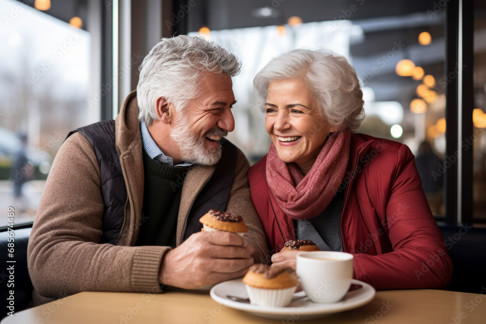 Cheerful senior couple sitting in a cafe and eating cakes. Cheerful senior couple sitting in a cafe and eating cakes.