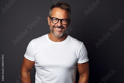 Portrait of smiling mature man in eyeglasses against grey background © koala studio
