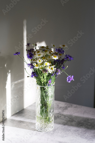 bouquet of wild summer flowers. cornflowers and daisies in a vase. white and purple flowers