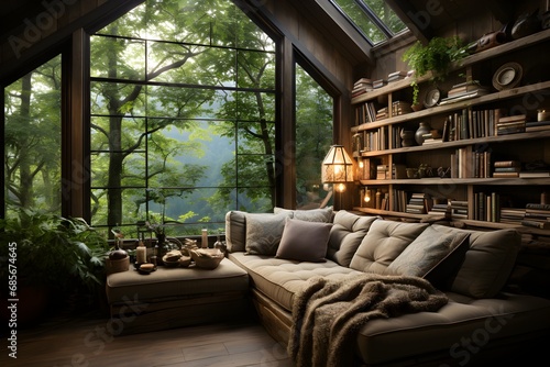 A cozy reading nook by a large window  complete with plush cushions and a collection of books