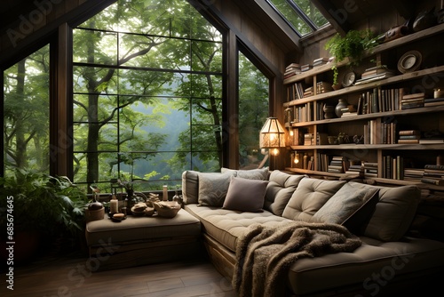 A cozy reading nook by a large window, complete with plush cushions and a collection of books