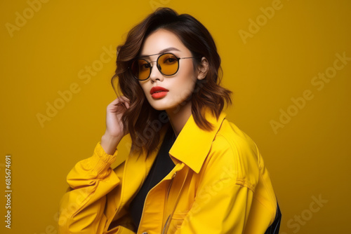 Portrait of beautiful young asian woman in yellow jacket on yellow background