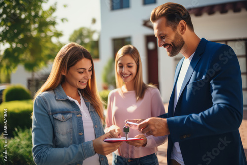 Real estate agent showing house keys to young couple after signing contract.