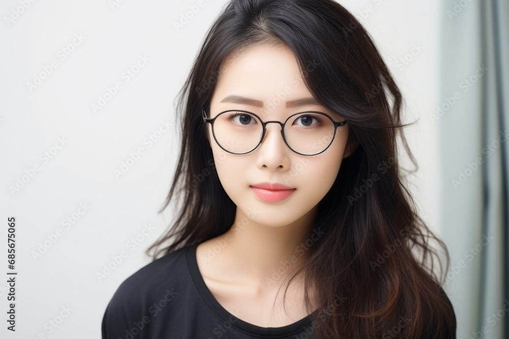 beauty asian woman wear eyeglasses in the living room