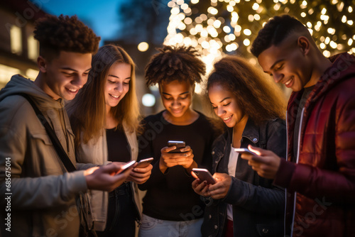 technology, friendship and people concept - group of smiling teenagers with smartphones in forest