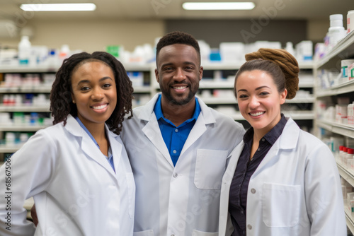 group of smiling african american and caucasian pharmacists at pharmacy