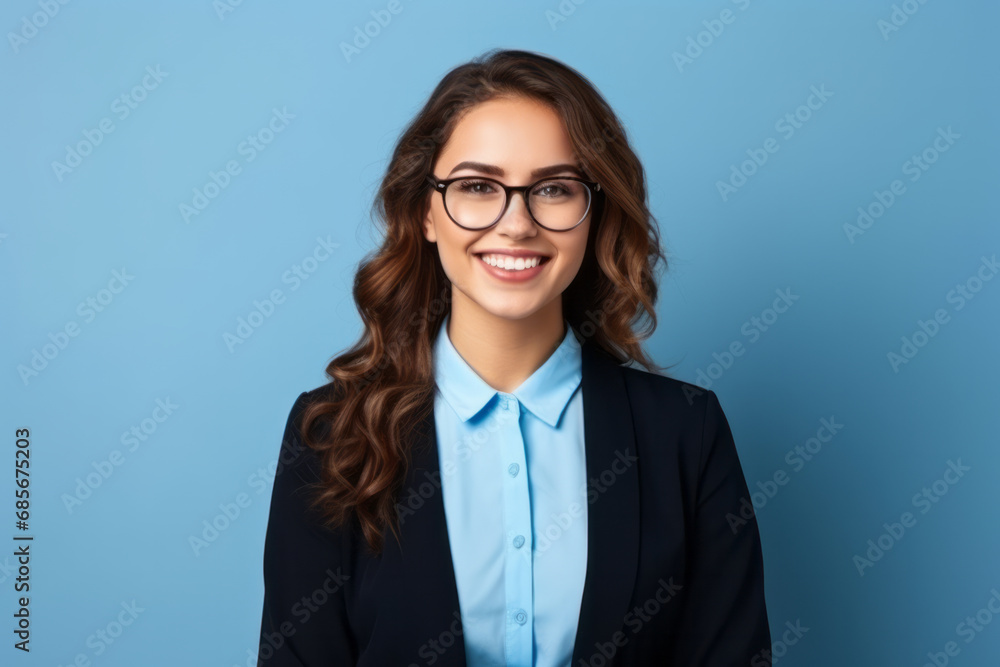 Portrait of happy young businesswoman in eyeglasses on blue background
