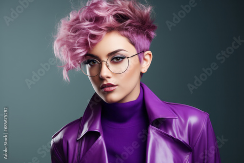 Fashion portrait of beautiful young woman in purple jacket and eyeglasses