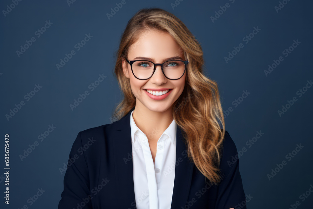Portrait of happy young businesswoman in eyeglasses on blue background Portrait of happy young businesswoman in eyeglasses on blue background
