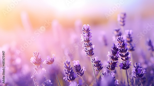 Purple Lavender flowers background . Lavender field at soft light selective focus. Generative AI.