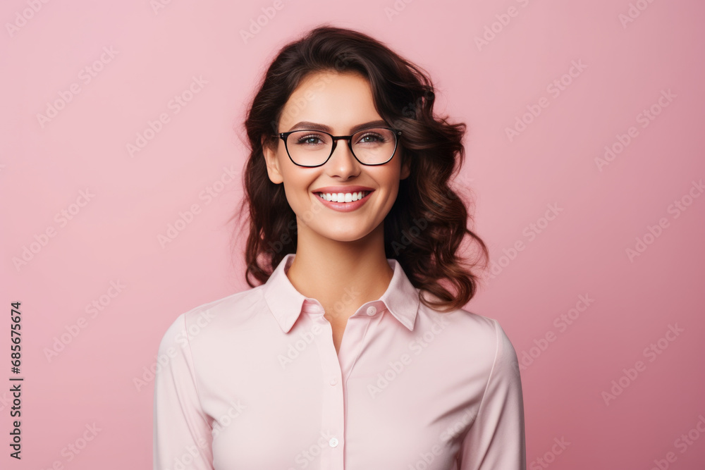 Portrait of a smiling young business woman in glasses over pink background