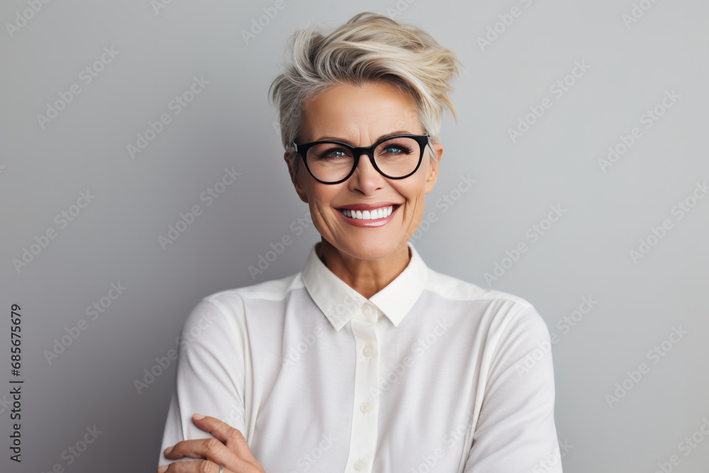 Portrait of happy senior businesswoman in eyeglasses looking at camera