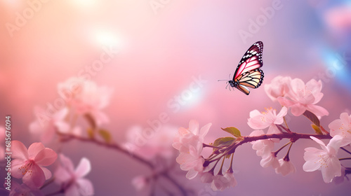 Spring pink apple blossoms with flying butterfly on pink blurred background. Generative AI.
