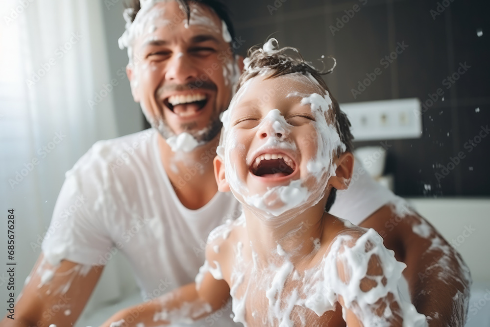 Cheerful father and son playing with foam at home in the morning