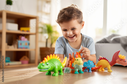 Adorable baby boy playing with colorful plastic toys at home. Happy child having fun.
