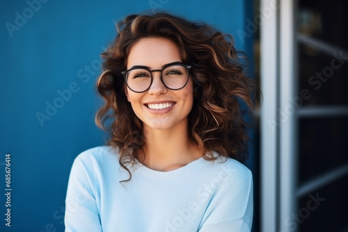 Portrait of a smiling young businesswoman with glasses on blue background