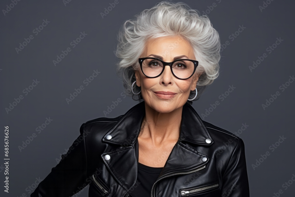Portrait of a beautiful senior woman wearing glasses and a leather jacket Portrait of a beautiful senior woman wearing glasses and a leather jacket