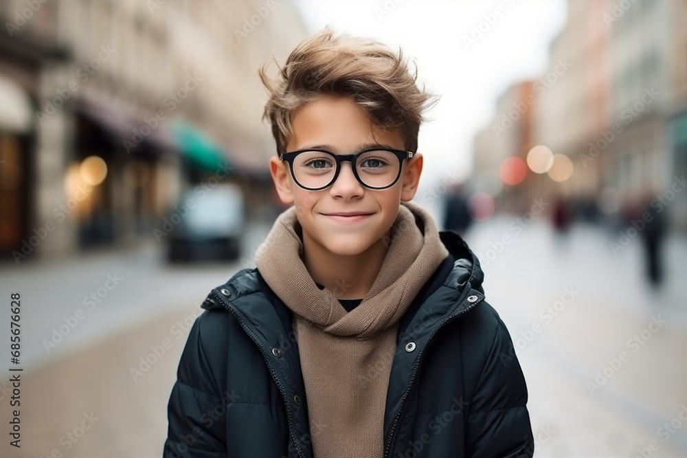 Fototapeta premium Portrait of a boy in glasses on the background of the city