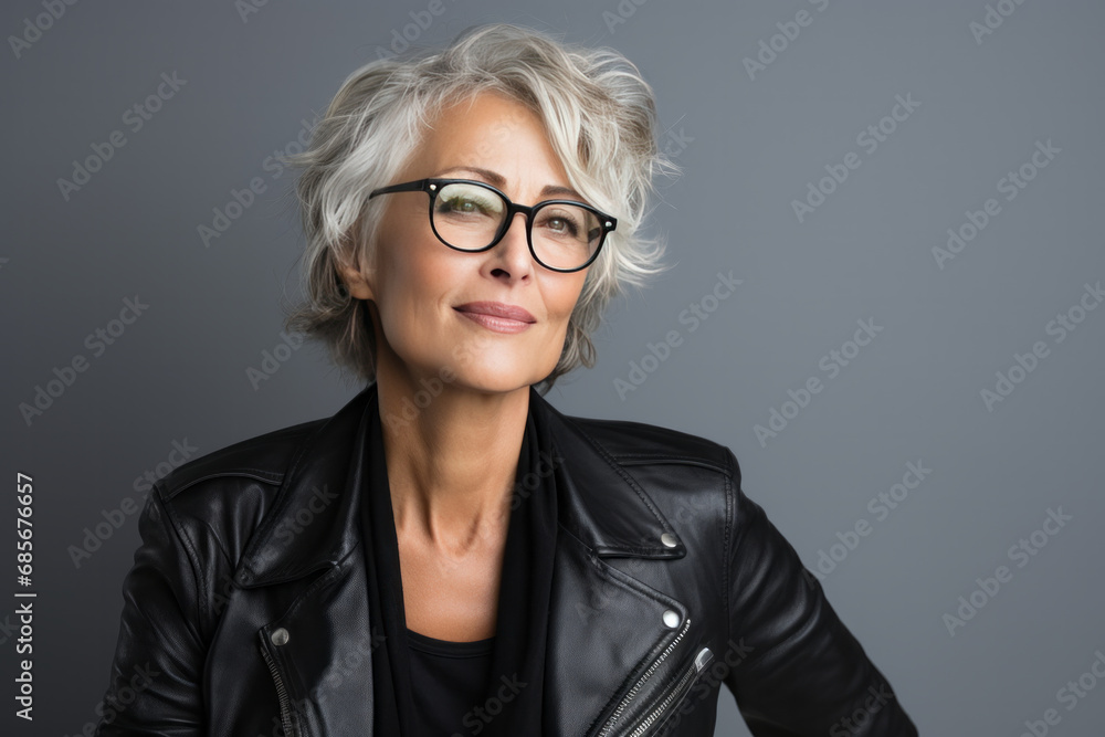 Portrait of a beautiful senior woman wearing glasses and a leather jacket Portrait of a beautiful senior woman wearing glasses and a leather jacket