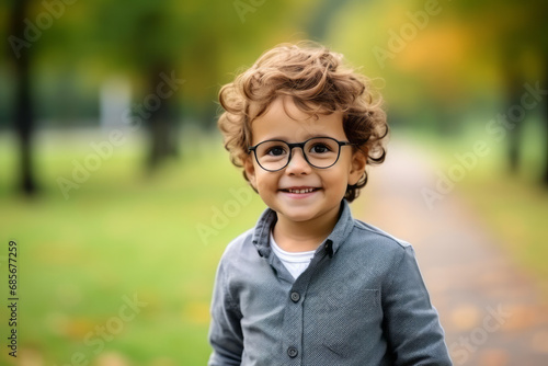 Portrait of a cute little boy with glasses in the autumn park © koala studio