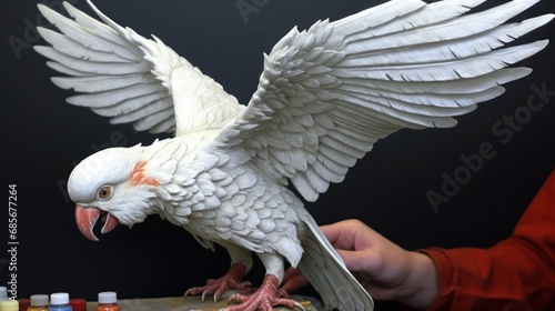White cockatoo parrot with open wings and a human hand in the background. Pet. Pet Concept. Wilderness Concept. Wildlife Concept.