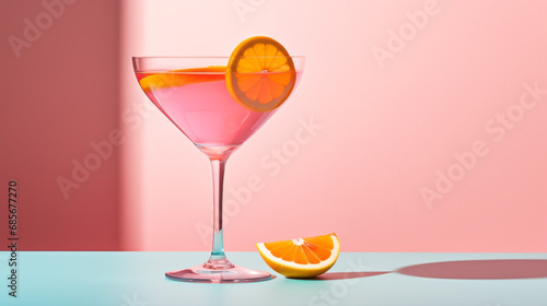 Glass of pink cocktail on color background