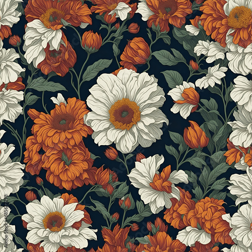 Vintage Orange and White Blooming Floral Pattern With A Navy Blue Background  Vintage Retro Orange Floral Wallpaper
