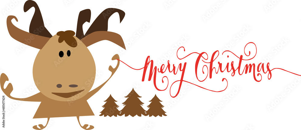 Merry Christmas greeting card with cute  deer. Holiday cartoon character in winter season.
