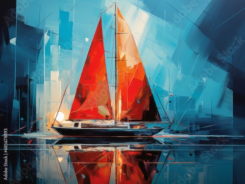 a painting of a sailboat under sail, with colorful lights and blue sky, in the style of abstract geometric compositions, cityscape abstraction, dark cyan and red, calligraphic abstractions