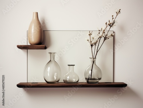 bathroom shelf with vase and mirror on the wall, in the style of photobashing, wood, digital minimalism