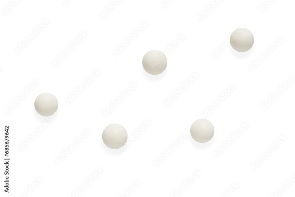 Five round spherical white pills isolated on transparent background. Png. Medical, pharmacy and healthcare concept. Five round spherical white pills isolated on transparent background. Png. Medical, pharmacy and healthcare concept.