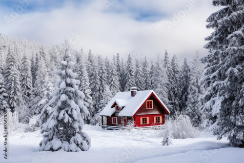 Winter mountain landscape with a house