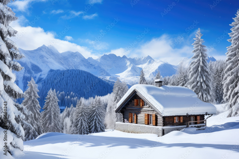 Winter mountain landscape with a house