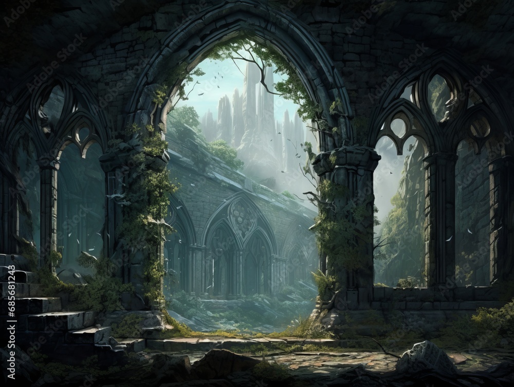 Fototapeta premium Forgotten Sanctuary: Ancient Ruins Reclaimed by Nature