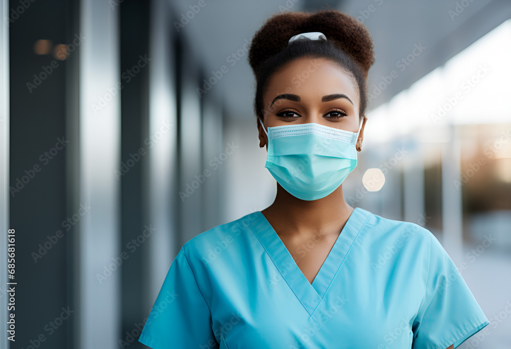 Happy nurse with face mask smiling at hospital. Happy nurse with face mask smiling at hospital.